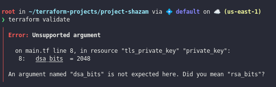 Ejemplo comando terraform validate donde vemos que da error porque hay un argumento no soportado