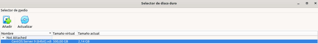 Disco seleccionado listo para adjuntar a la máquina virtual