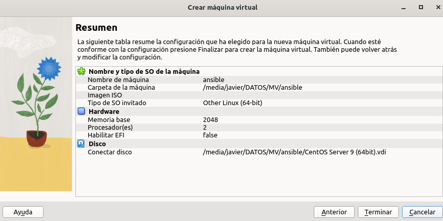 Resumen de la configuración de la máquina virtual
