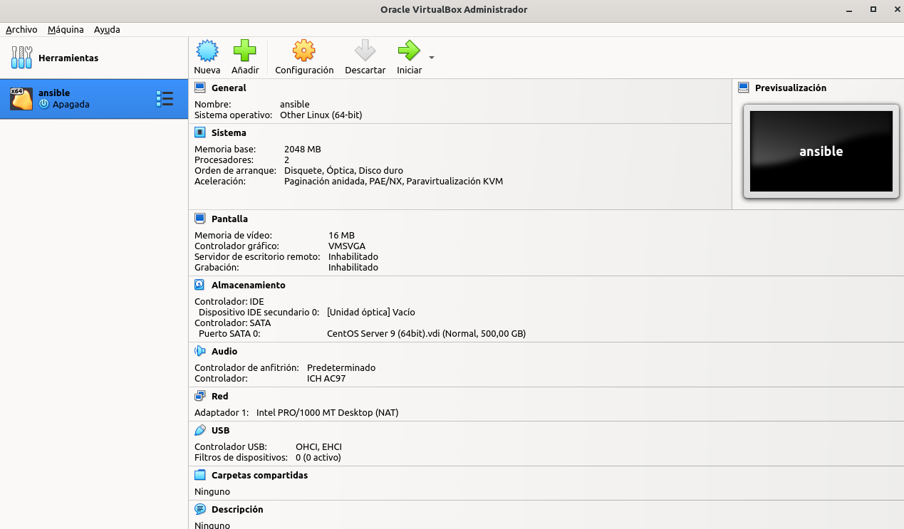 Vista de Virtual Box donde se ve la nueva máquina creada