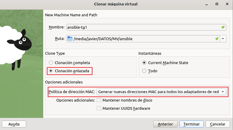 Opciones para clonar máquina