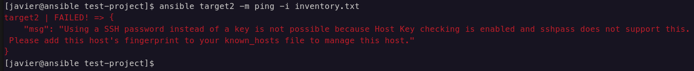 PING a una máquina medianete ansible que ha fallado