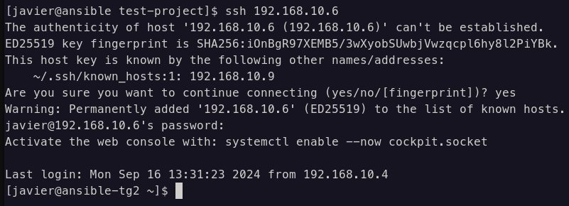 SSH máquina Ansible a la máquina objetivo 2