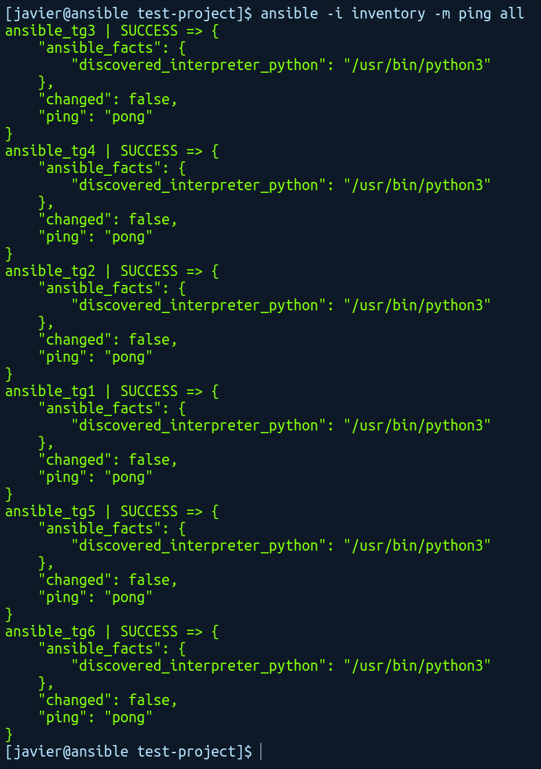 Ejemplo de comando ad-hoc en Ansible y la salida del comando en formato JSON