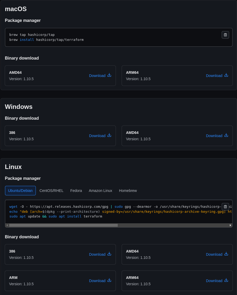 Formas de Instalar Terraform, vía Gestor Paquetes o descarga de binario