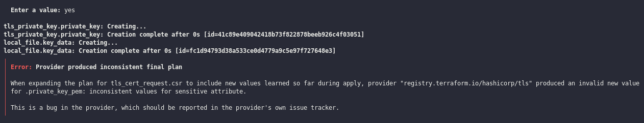 Ejemplo comando terraform apply que da error