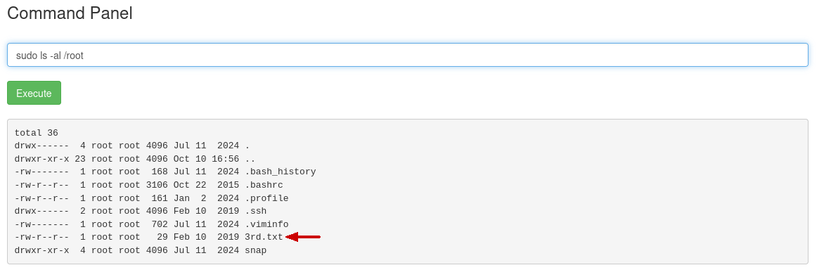 Listado del directorio /root donde está la tercera flag